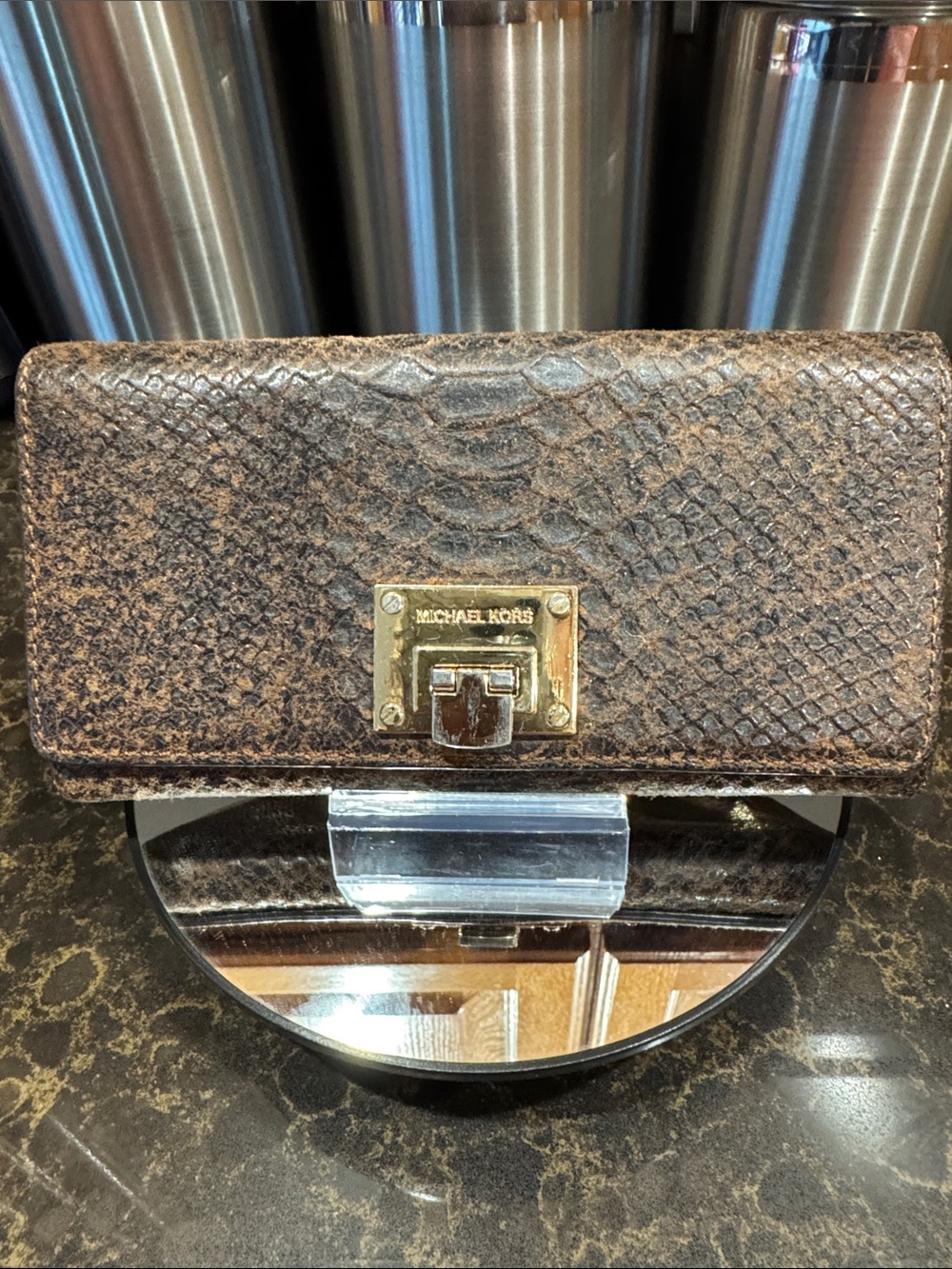 Michael Kors Continental Clutch brown python embossed Wallet with Gold Hardware